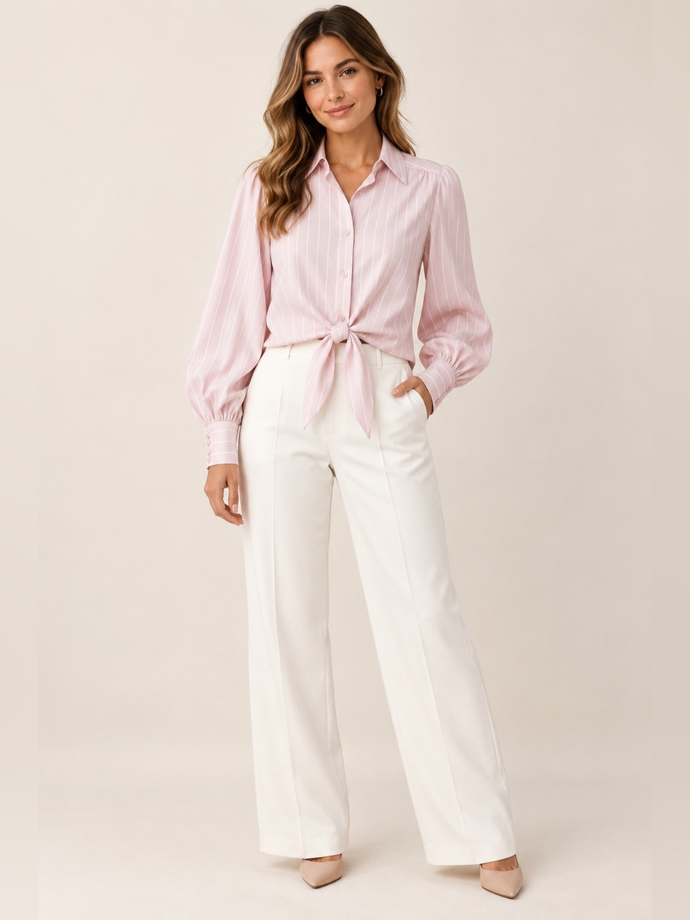 Generation Love Emory Pink Pinstripe Tie Front Balloon Sleeve Blouse S